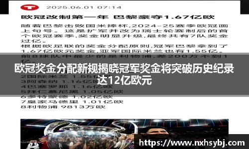 欧冠奖金分配新规揭晓冠军奖金将突破历史纪录达12亿欧元